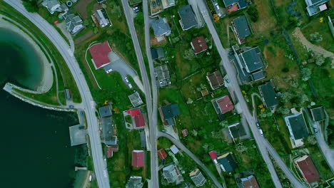 lakeside community of aurland, norway - straight down aerial flyover