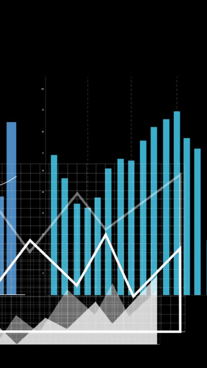 Animazione di icone digitali fluttuanti su elaborazione dati statistici su sfondo nero