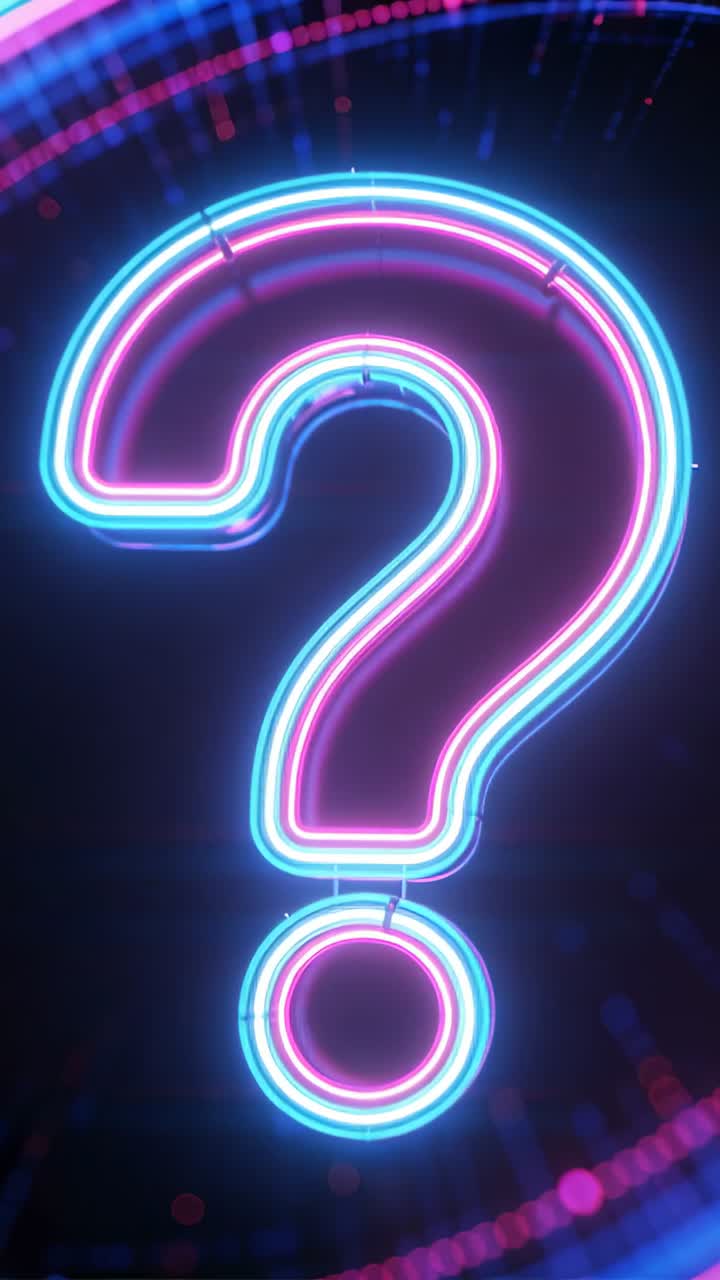 Neon question mark sign centered, frames advancing, glowing cyan magenta, rings shifting for design