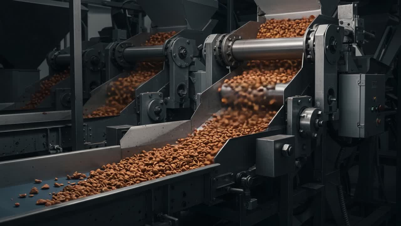 Industrial Process of Almonds: A Close-up Look at Conveyors and Machines Efficiently Handling and Transferring Almond Products in a Processing Facility