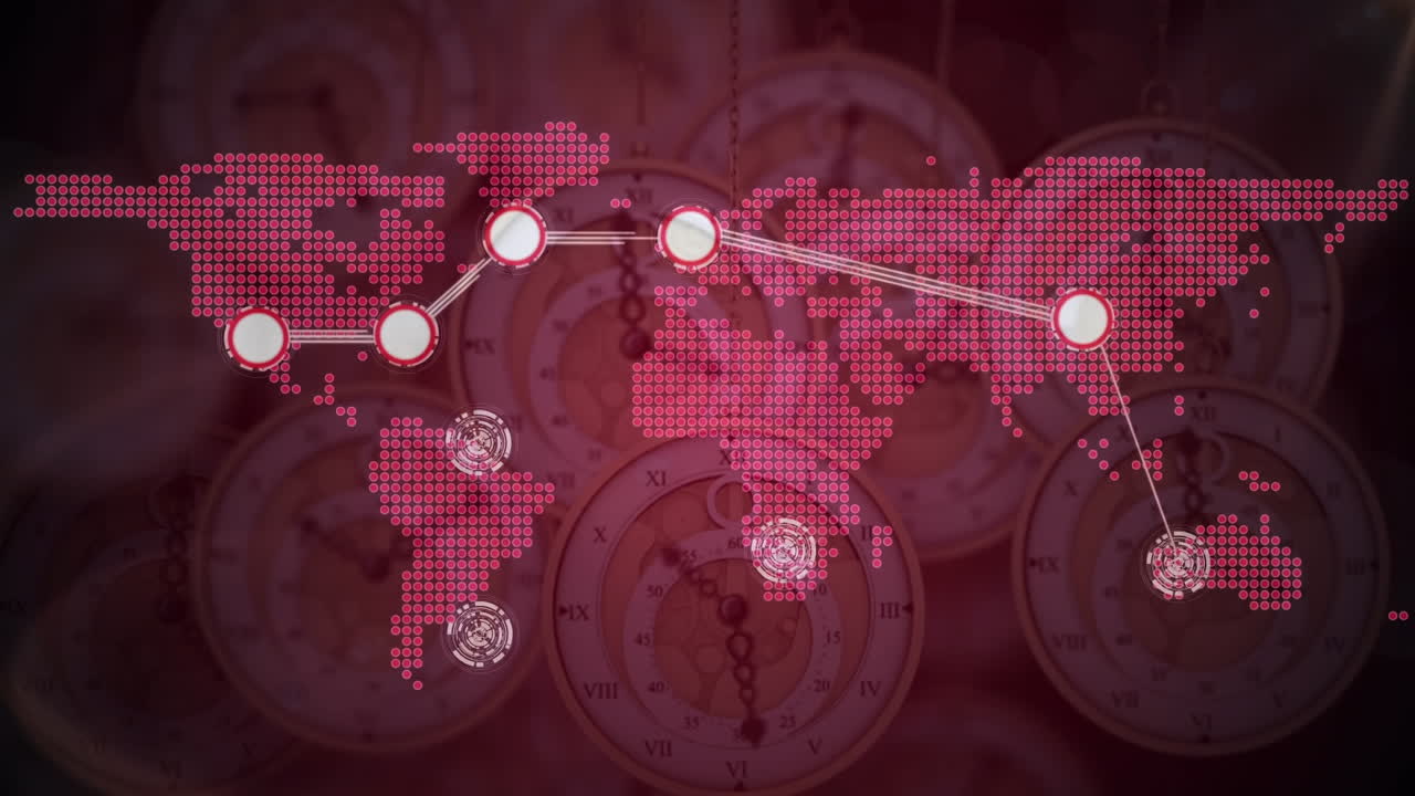 연결 네트워크와 세계 지도의 애니메이션이 여러 시계에 걸쳐 빠르게 움직입니다.