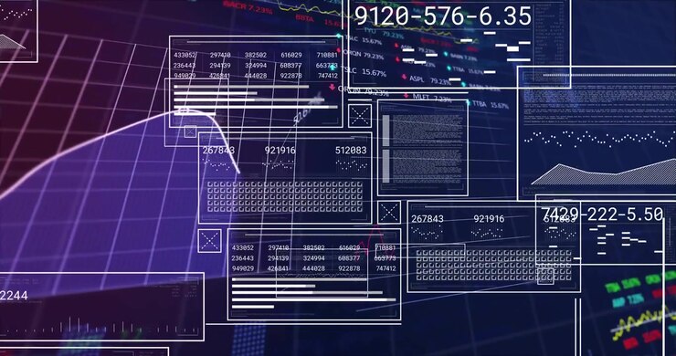 On startup, wireframe panels floating on blue grid animating line graph to visualize market data
