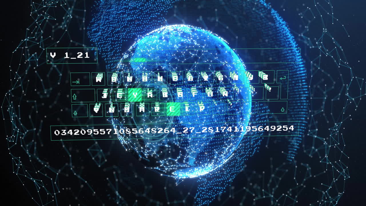 Digital globe with binary code and data processing animation overlay
