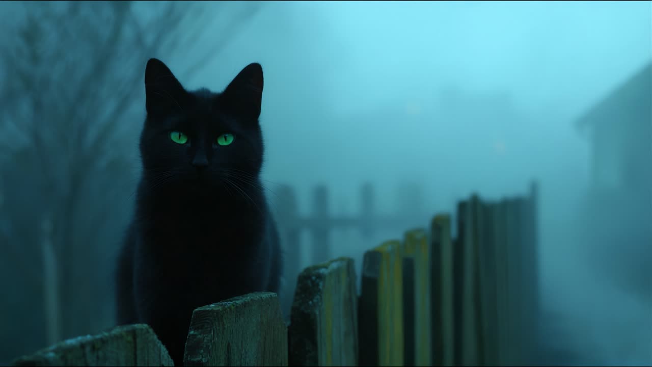A Mysterious Black Cat with Striking Green Eyes Stands on a Foggy Fence at Dusk, Emanating an Enigmatic Aura in a Quiet and Shadowy Landscape