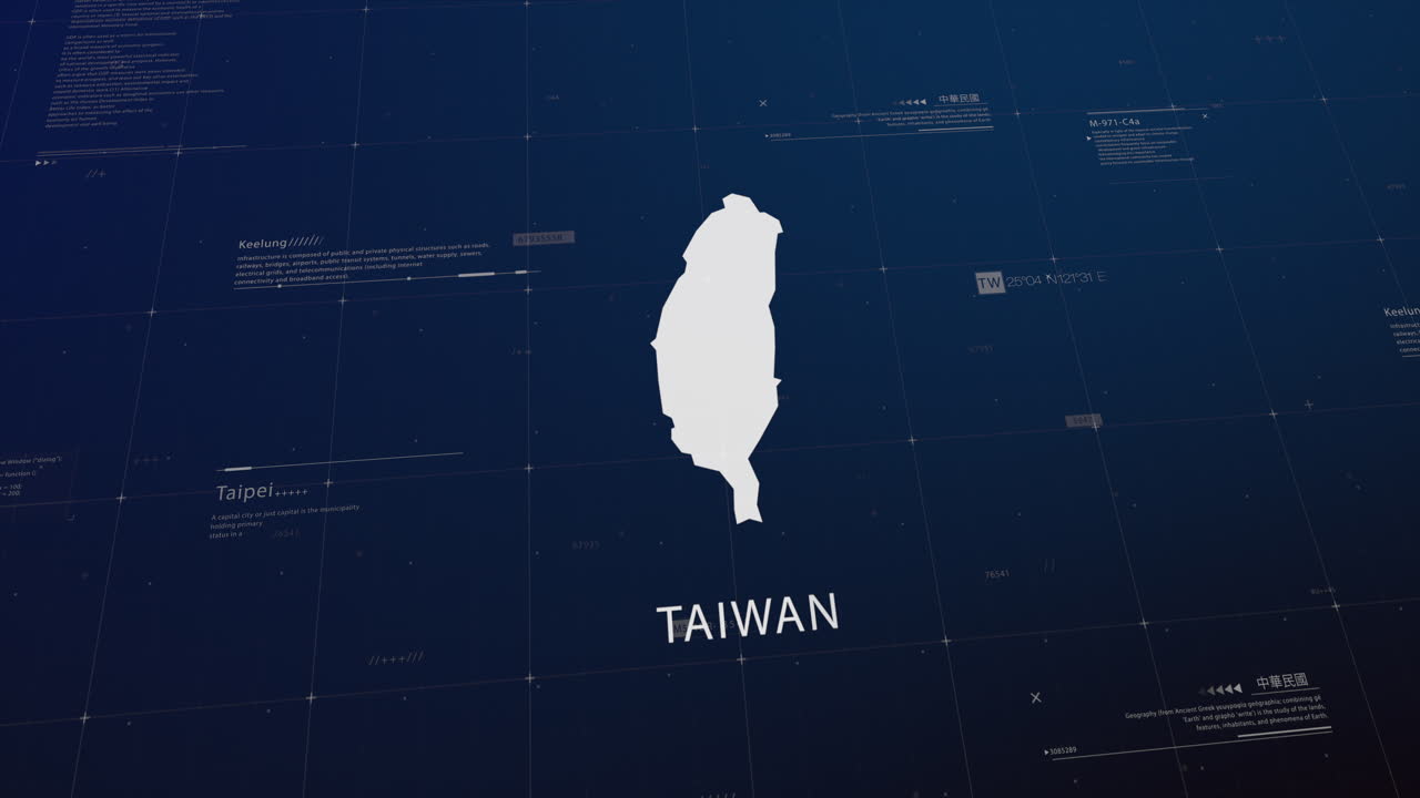 Taiwan country map comes to life with cinematic panning, unveiling key details, the capital, and slogan, providing an engaging background for corporate and commercial use