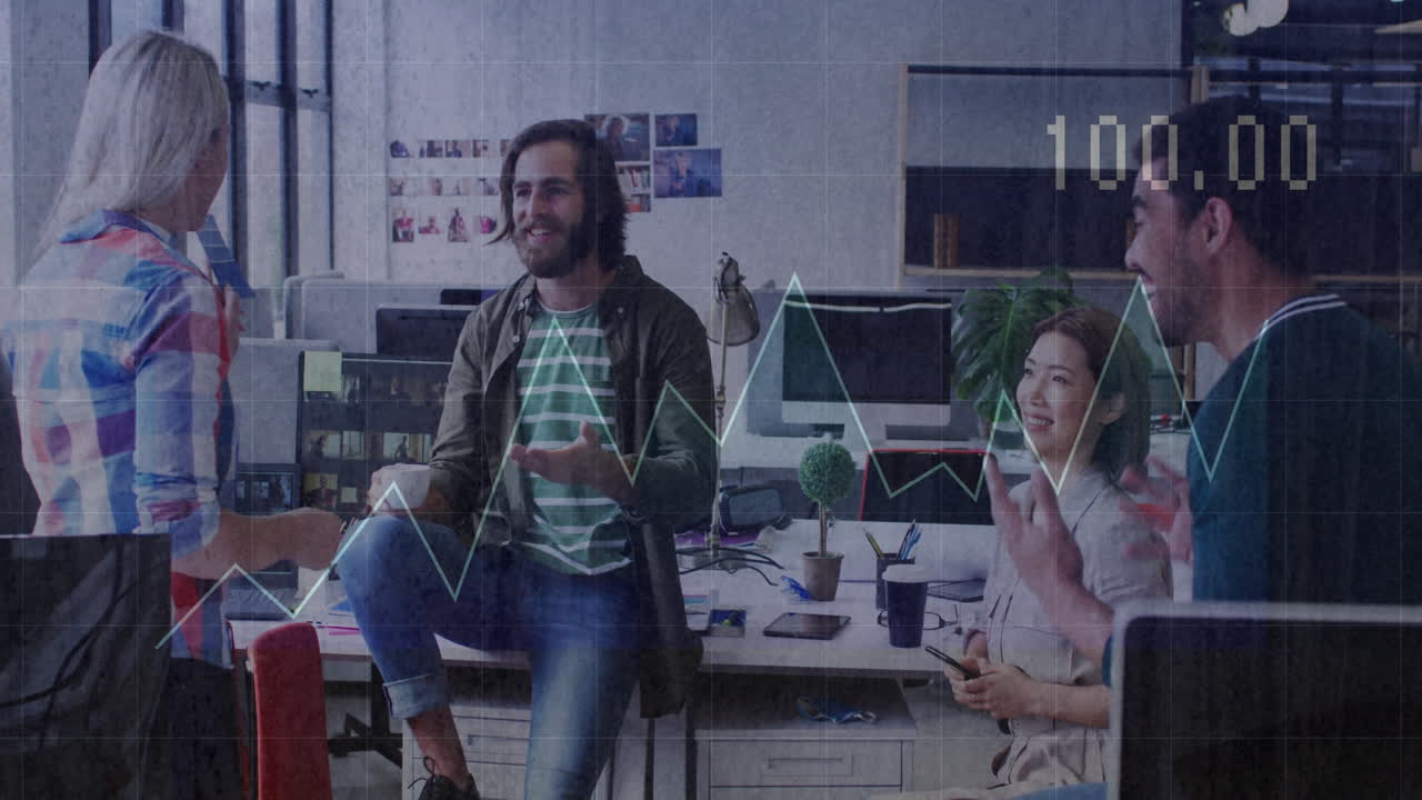 Animation of financial data processing over diverse colleagues having meeting in office