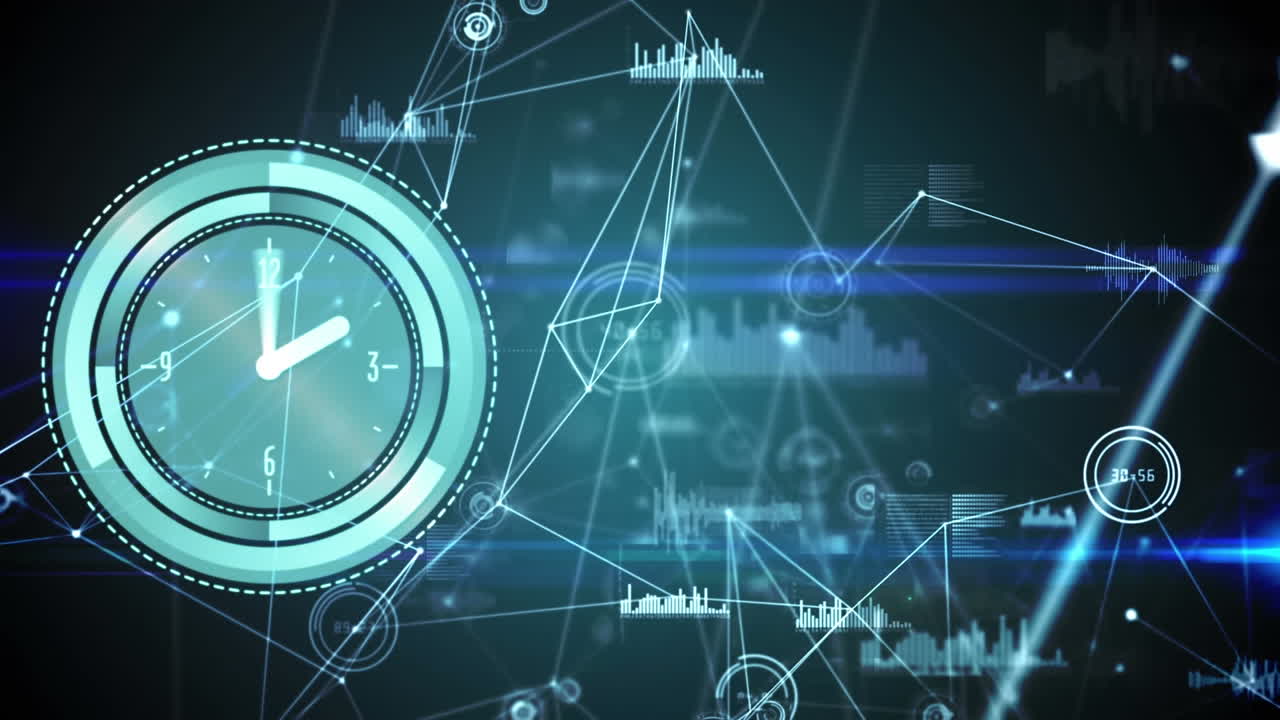 Animazione di orologio su rete di connessioni e orologio in rapido movimento.