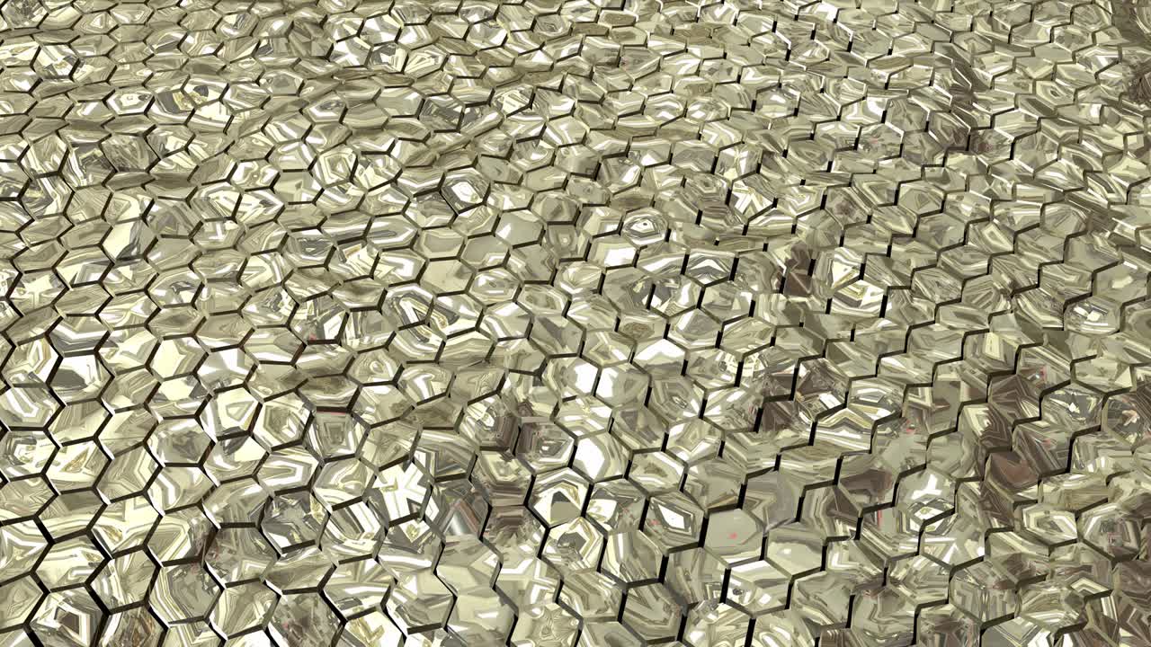 6면 다각형과 부드러운 파동 모션 효과를 가진 추상적인 황금 육각형 기하학 패턴, 비즈니스 및 기술용 추상적인 트렌드 배경, 4k 고품질, 3d 애니메이션, 3d 렌더링.