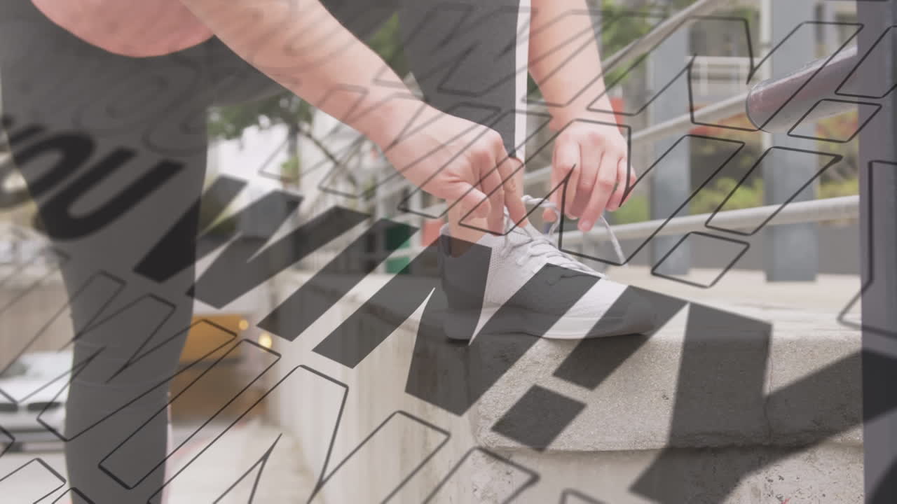 animación de usted ganar texto sobre la mujer atando cordones de zapatos en el fondo