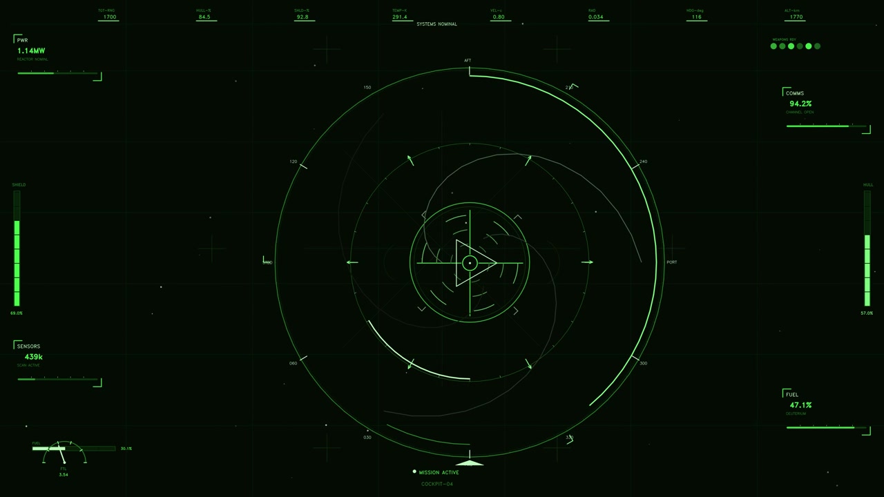 Questa interfaccia high-tech presenta una vivace palette di colori verdi su uno sfondo scuro. Uno scanner radar circolare centrale ruota con reticoli geometrici e indicatori di navigazione. Circondando il centro