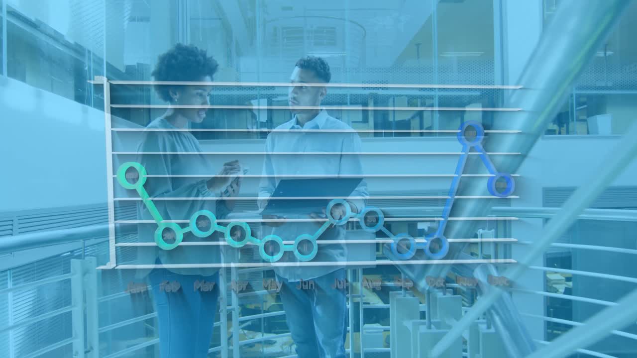 Animation of financial data processing over diverse business people in office