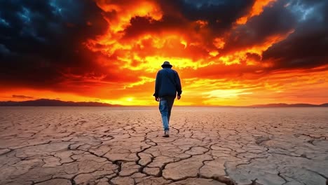 un hombre caminando a través de un lecho de lago seco al atardecer