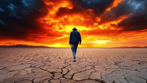 a man walking across a dry lake bed at sunset