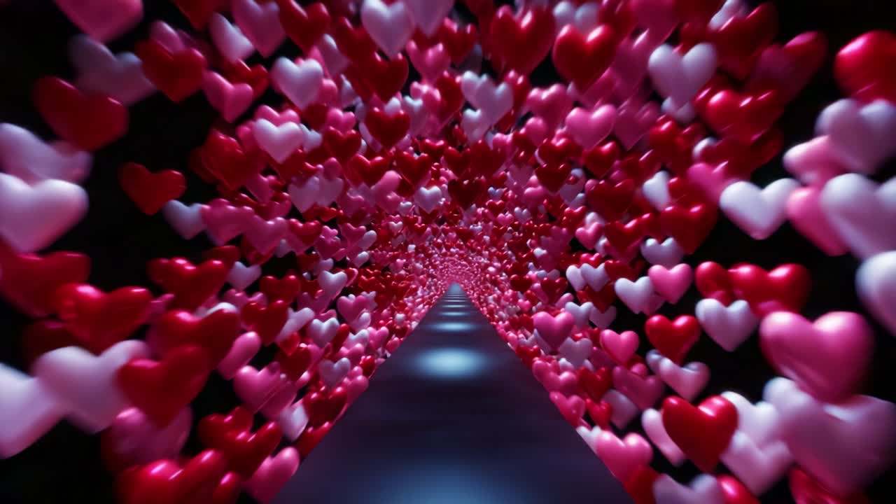 A mesmerizing journey through a vibrant tunnel of colorful hearts, swirling in shades of pink and red, creating an enchanting atmosphere filled with love and affection, inviting everyone to feel the romance