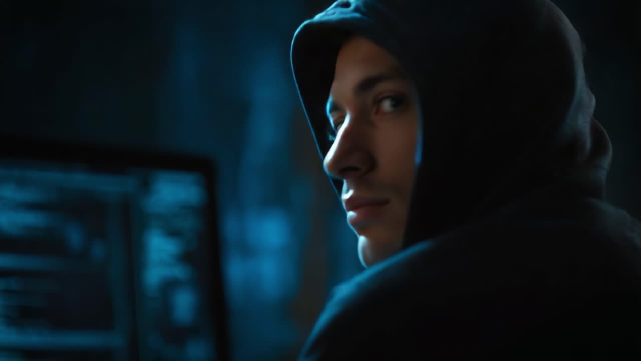 Transizione intrigante: una figura comune si trasforma da hacker misterioso a individuo riconoscibile, evidenziando la dualità di anonimato e realtà negli spazi cibernetici