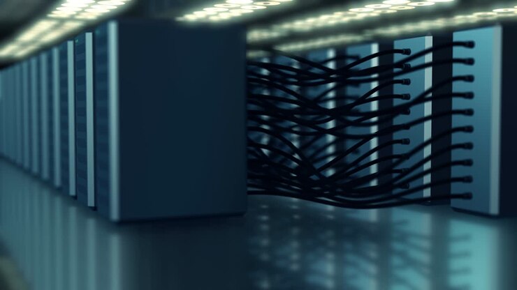 Datacenter infrastructure network server computer, cloud computing database connection technology secure. 4K UHD 3D video loop abstract tech blurred background.