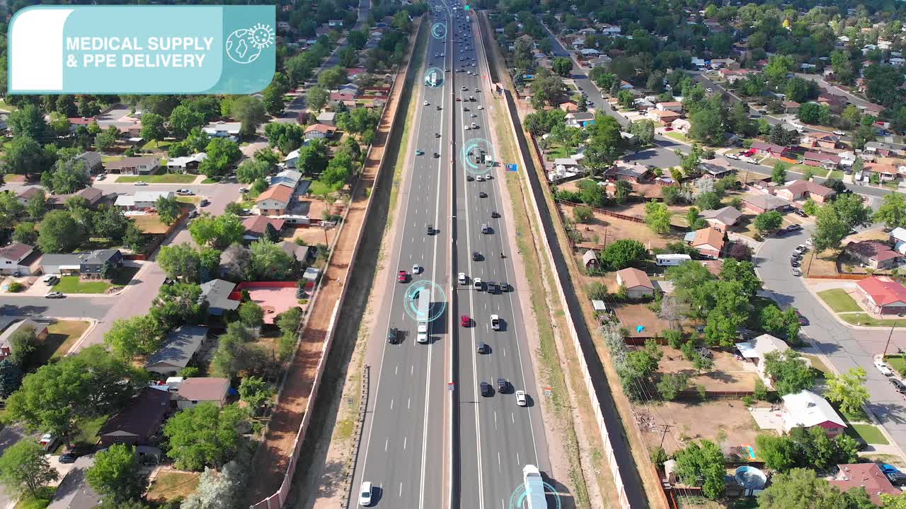 el gráfico en movimiento muestra a los camioneros en las rutas de suministro médico y de equipo de protección personal