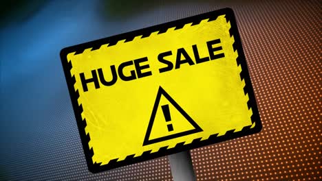 Animation-huge-sale-text-with-exclamation-in-triangle-on-sign-board-over-dots-in-background