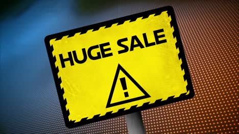 animation huge sale text with exclamation in triangle on sign board over dots in background