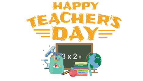 animation of happy teachers day text over school icons on white background