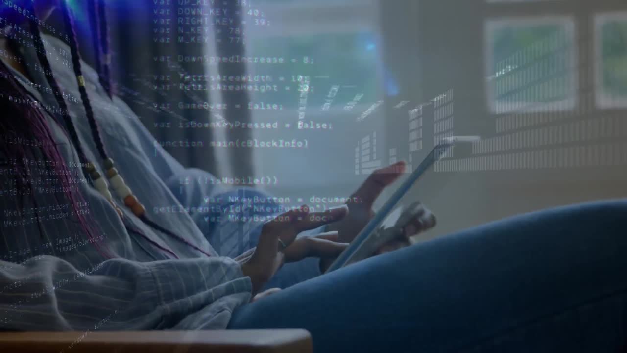 Blue light trails and data processing against mid section of a person using digital tablet