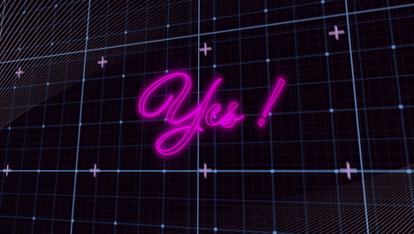 animation of yes text in pink neon and white parallel lines over digital grid