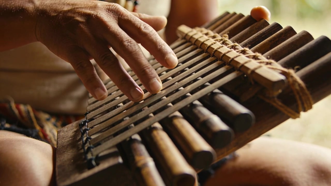 La mano destra del musicista è sospesa, pizzica le lamelle di una kalimba sul portico, creando musica e mostrando delle perline.