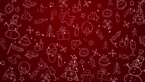 animated hand drawn brush stroke christmas icon pattern. marker doodle in white color on red loop background.