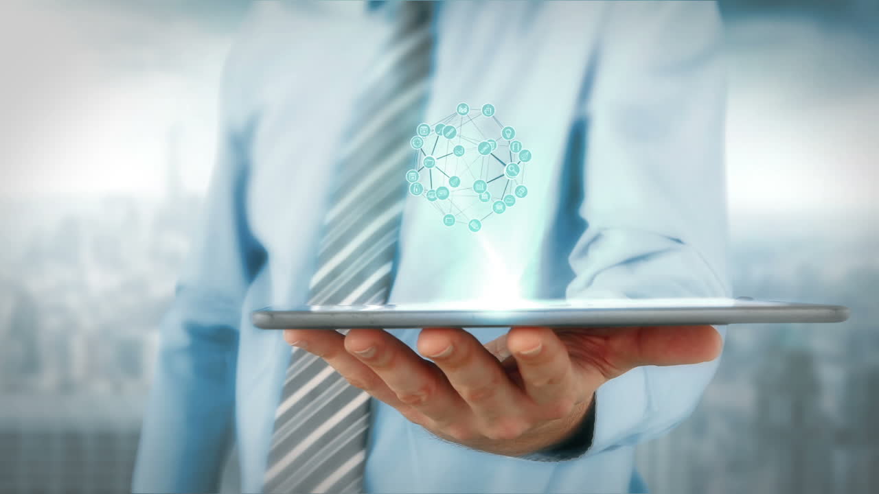 hombre de negocios usando una tableta con animación digital