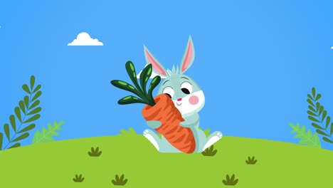 feliz día de pascua con un conejo lindo abrazando la zanahoria en el campamento