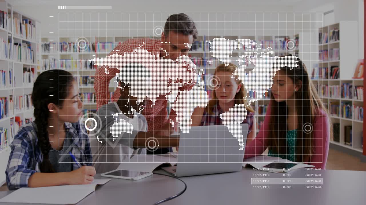 Teacher leaning pointing at laptop, student using pad, HUD world map and graph rising for learning