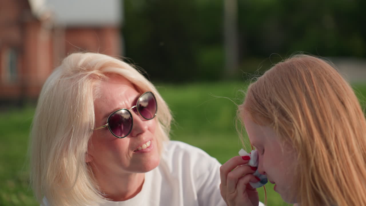 joyful mom with glasses sitting on grass cleaning child face with wipe during warm sunset, soft background blur highlighting affectionate bonding and relaxed conversation outdoors