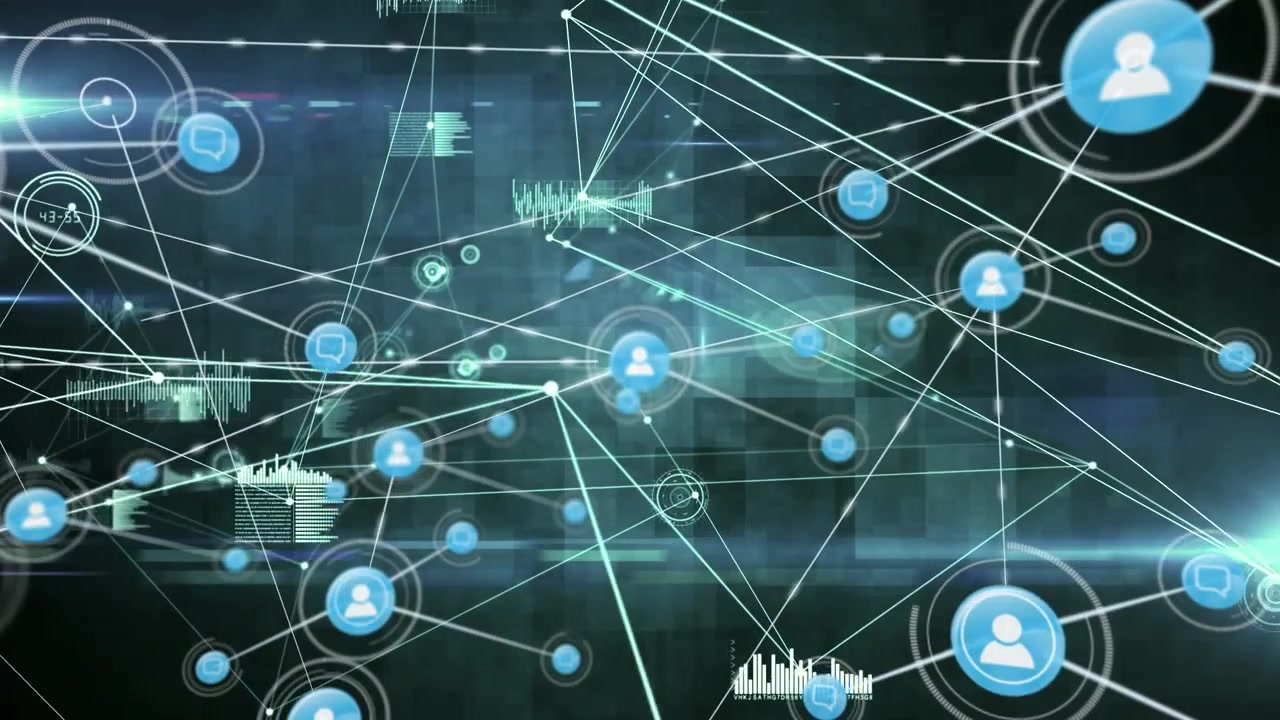 Digital Network Connection with Social Media Icons and Data Visualization