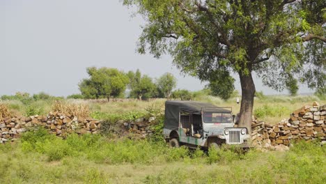 Ein-Altes,-Verlassenes-Mahindra-Jeep-Auto,-Das-In-Der-Nähe-Einer-Farm-In-Indien-Geparkt-Ist