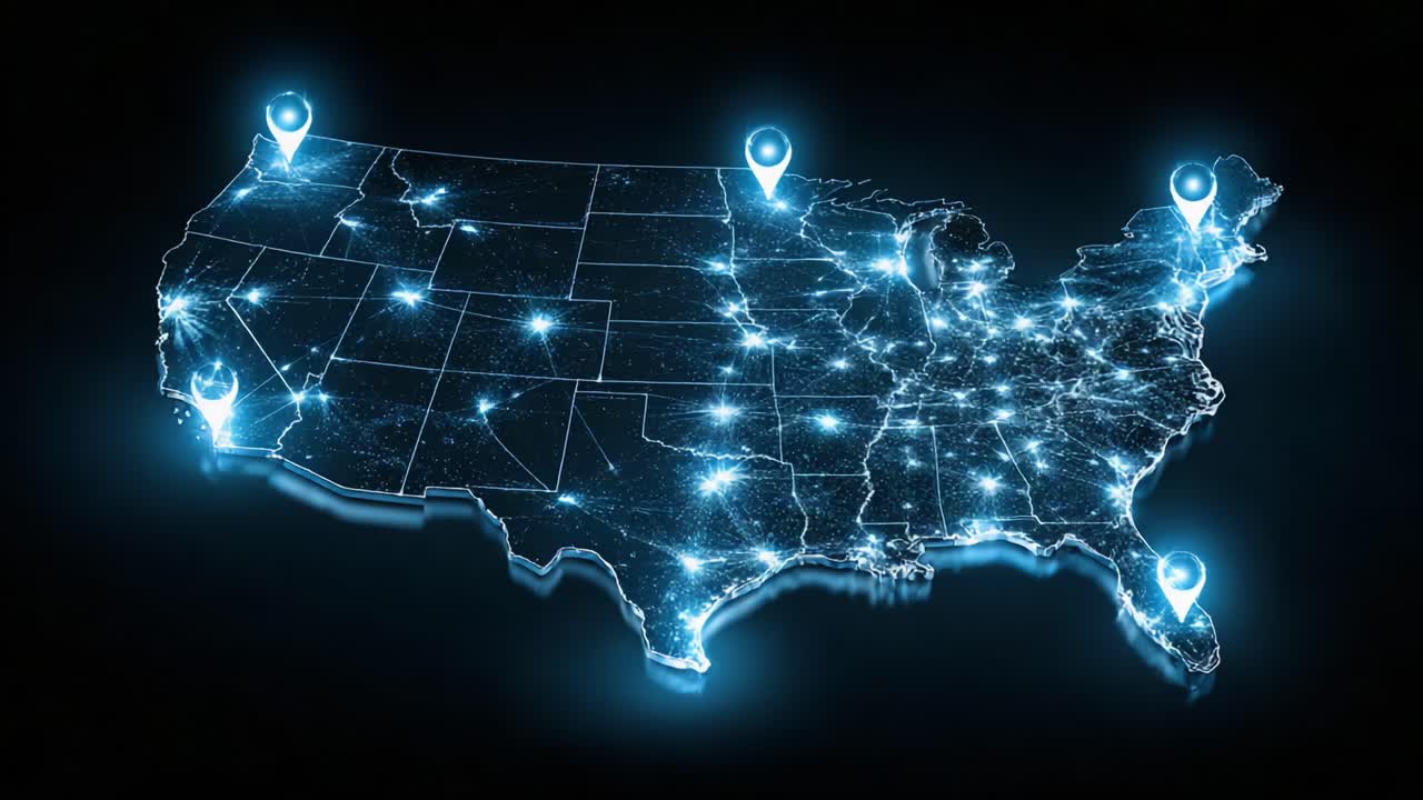 Dynamic View of a Geometric Map Highlighting Connectivity Points Across the United States Emphasizing Geospatial Data and Network Interactions in a High-Tech Visualization