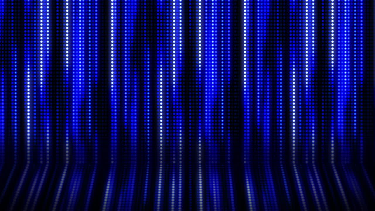 Colored bright lines fall down. Glowing points. Looped abstract animated blue background. Screen pixels.