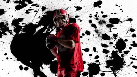 Animation-of-american-football-player-holding-ball-on-abstract-painted-black-and-white-background