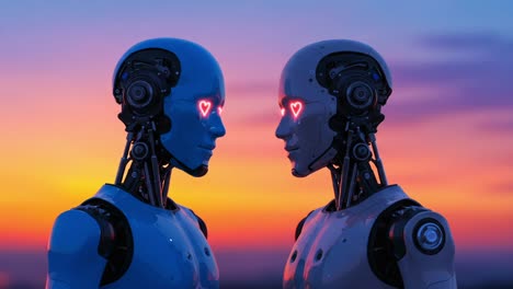 a captivating moment: two advanced robots with heart-shaped eyes share a connection against a beautiful sunset background, symbolizing love and technology's future