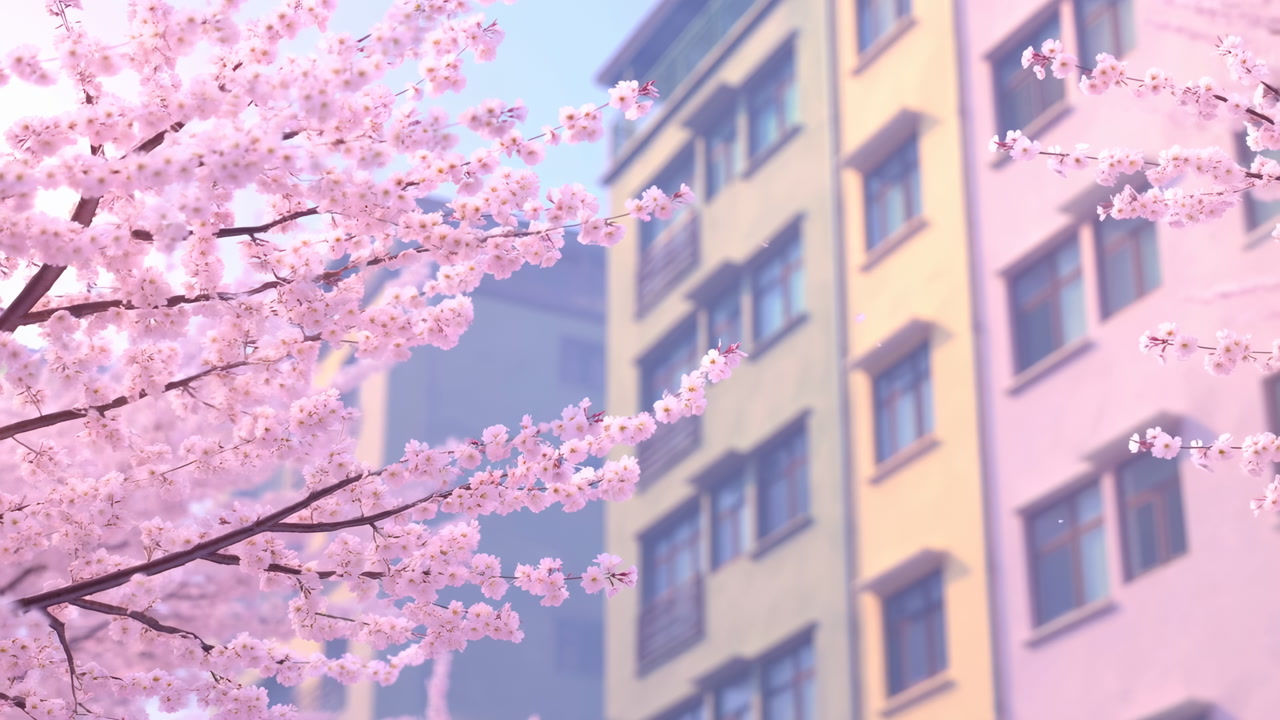Pink Cherry Blossoms Frame Pastel Apartment Facade, Soft Petals Drift Across Geometric Windows Under Clear