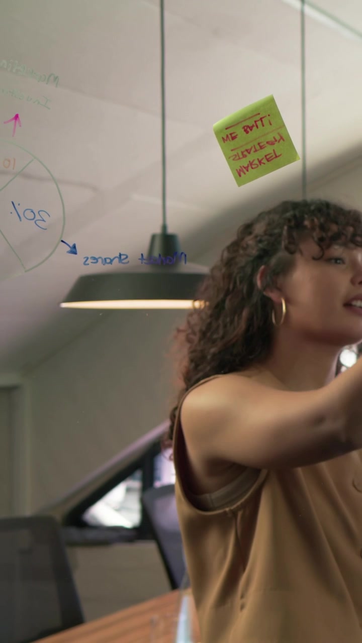 Vertical video: Arm placing neon note woman tan top marking glass at work planning with pink marker