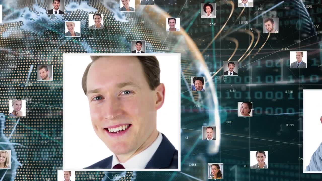 Animation of network of connections with pictures of people over data processing