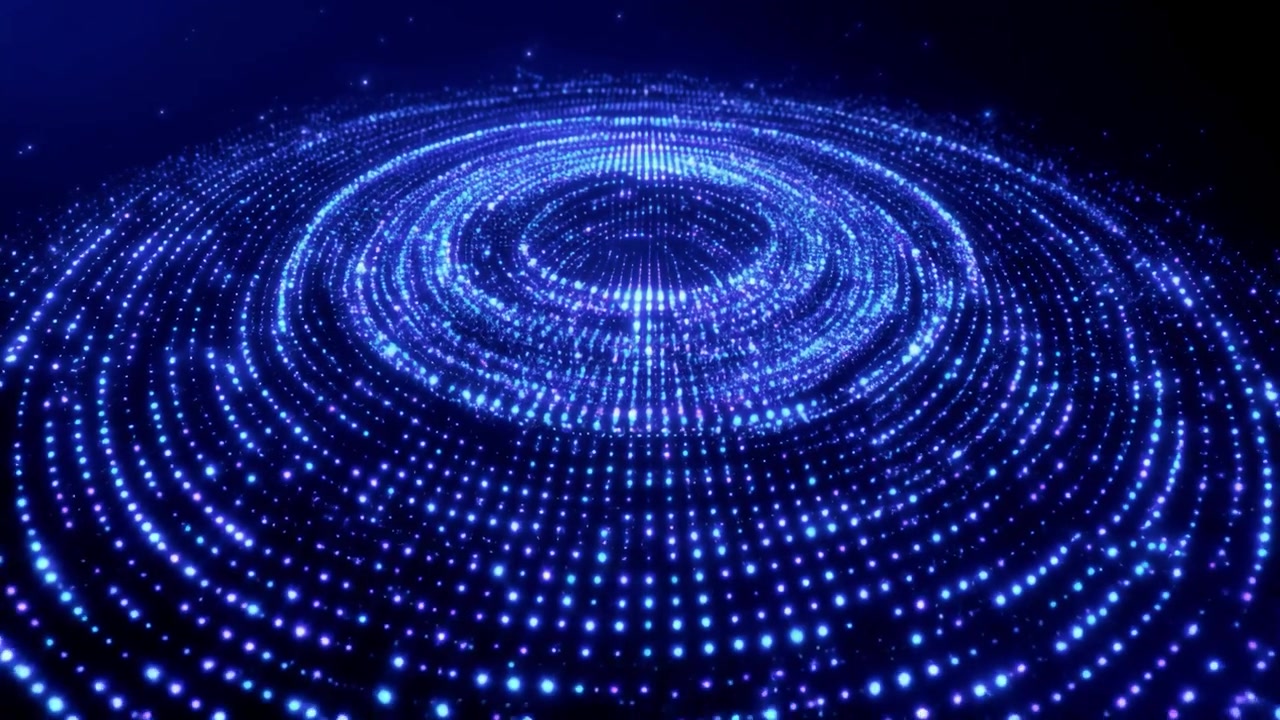 Abstract Blue Digital Particle Rings Rotating in Dark Space