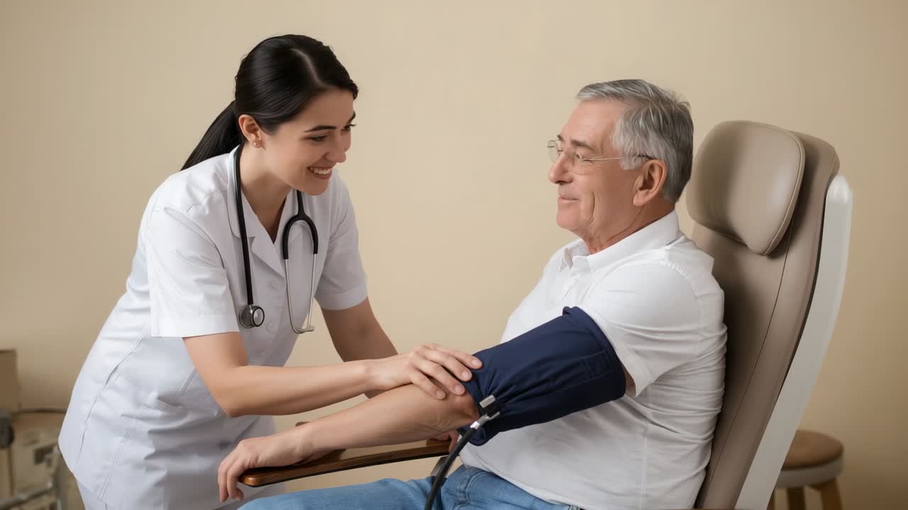 Infermiera che entra in clinica gonfiando il bracciale sul braccio del paziente e auscultando con lo stetoscopio per misurare la pressione sanguigna