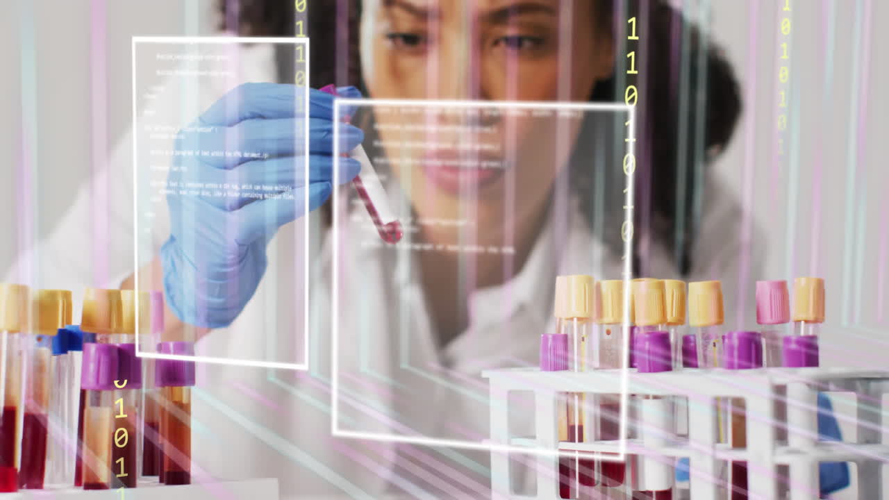 analizando muestras de sangre, científico con tubos de ensayo sobre datos digitales y codificación de animación