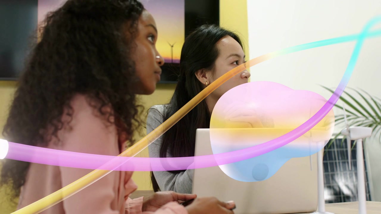Two women watching energy pitch in meeting, pitch causing animated ribbons sweeping across faces