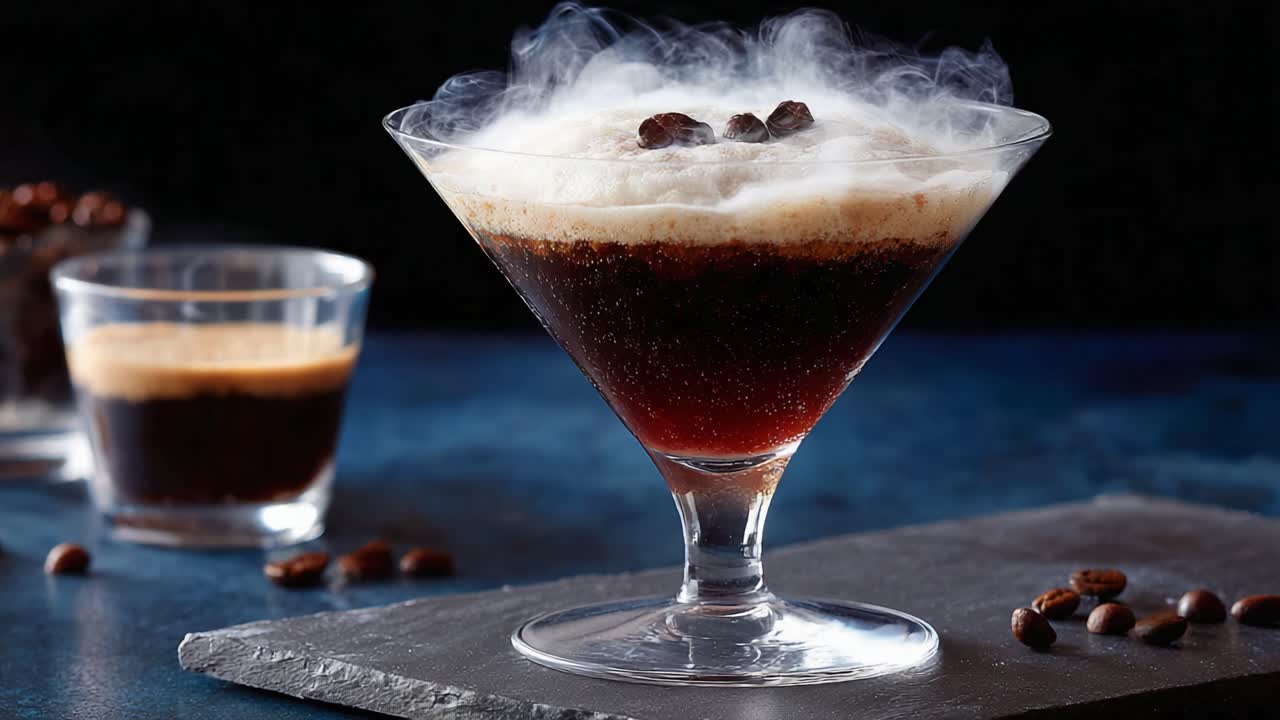 A Dramatic Display of a Rich and Creamy Coffee Cocktail with Steam and Coffee Beans, Showcasing Culinary Artistry in Mixology