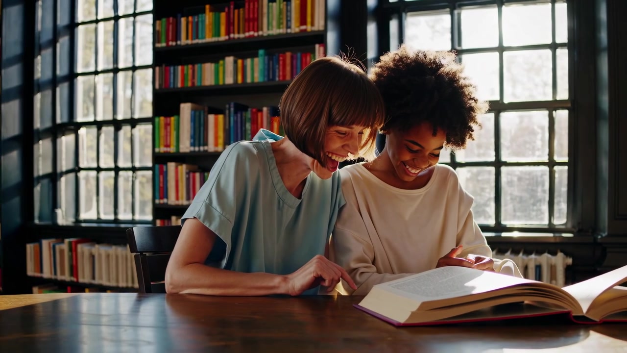 Mulheres Diversas Felizes Lendo um Livro Juntas em uma Biblioteca.