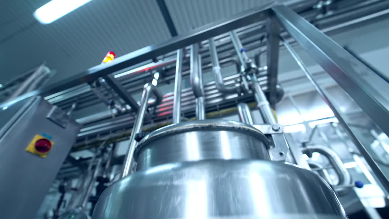 Milk Factory Production. Factory Industrial Tubes Used In A Manufacturing Process.