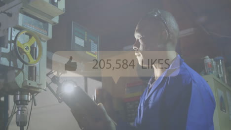 usando tableta, trabajador de fábrica con 71.612 gustos de animación sobre la maquinaria