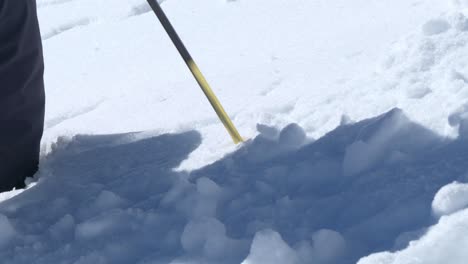 person, die die schneehöhe testet, lawinengefahr hoch in den bergen - handheld-ansicht